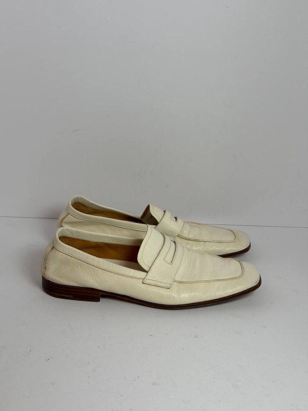 Vintage Prada White Textured Leather Penny Loafers Square Toe Box Size 7 Men’s